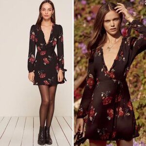 Reformation Black Floral Wrap Mini Dress XS • Long Sleeve